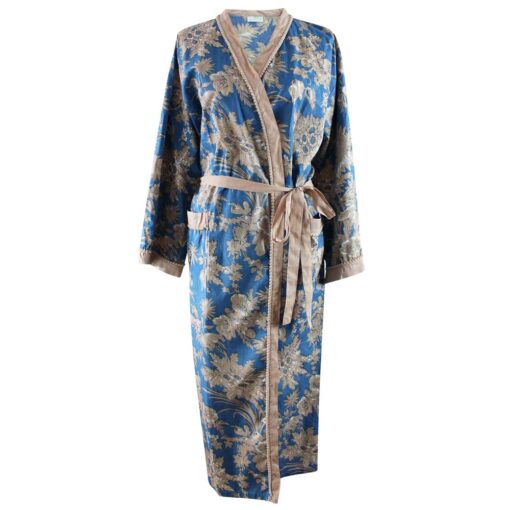 French Blue & Light Tan Cotton Dressing Gown:  Size  12-16