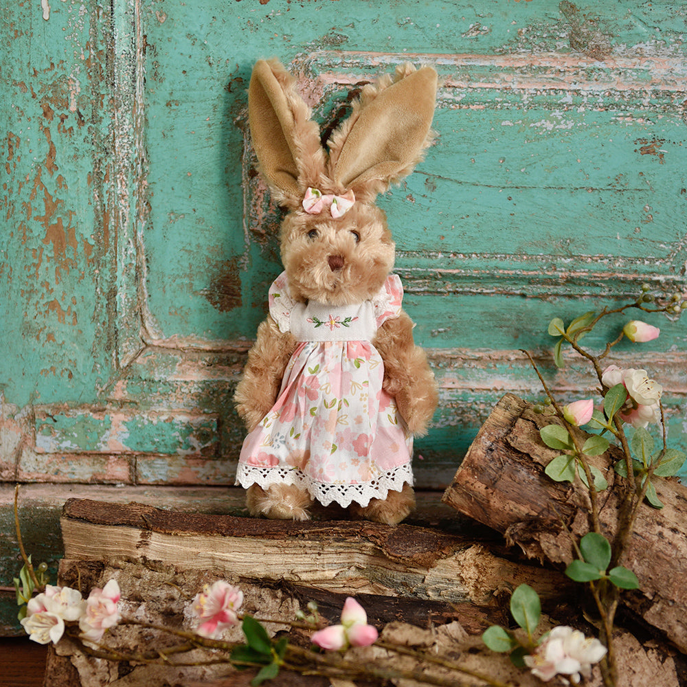 Small Rabbit Teddy in Pink Dress – Classic Cotton
