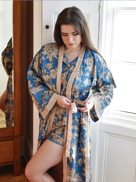 French Blue & Light Tan Cotton Dressing Gown:  Size  12-16