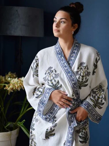 Blue & White Floral Waffle Dressing Gown Size  8-16